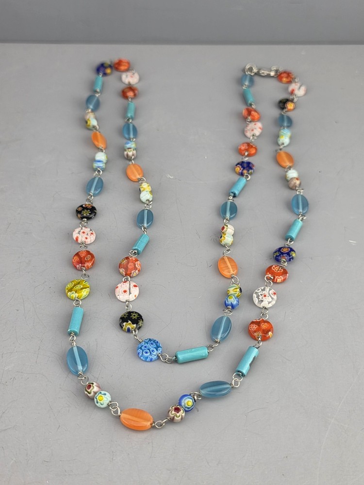 Vintage Cookie Lee Millefiori Glass Bead Necklace – 38” Signed Tag. (M)