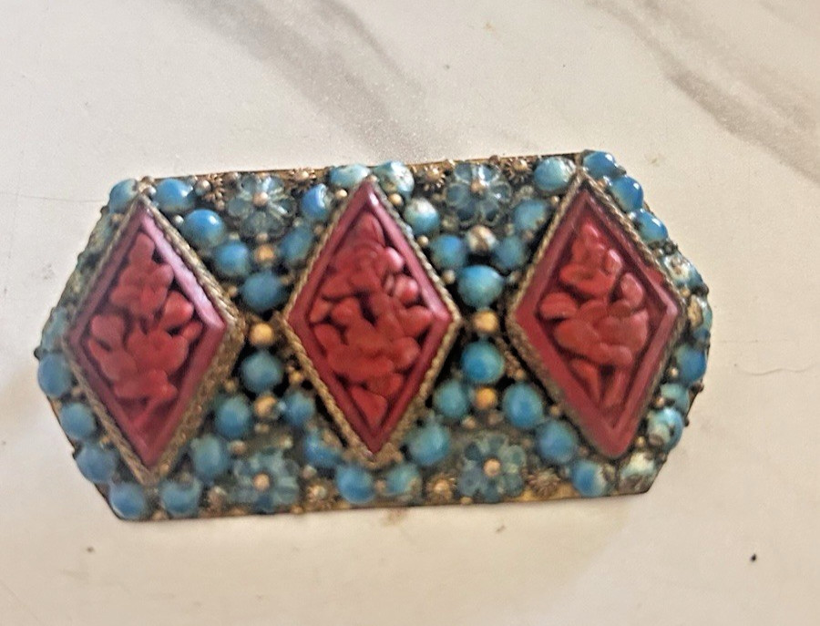 Vintage Nepal Brooch Pin Brass Coral & Turquoise Inlay Tibetan Tribal Jewelry