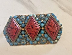 Vintage Nepal Brooch Pin Brass Coral & Turquoise Inlay Tibetan Tribal Jewelry