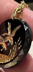 Vintage German Intaglio Glass Duck Pendant Necklace Gold Scene 24” MCM 1950s