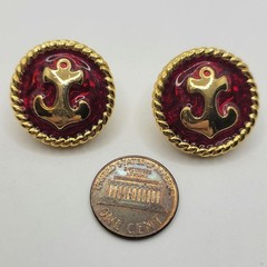 Vintage Signed Trifari Nautical Anchor Button Earrings Deep Red Enamel 1980s