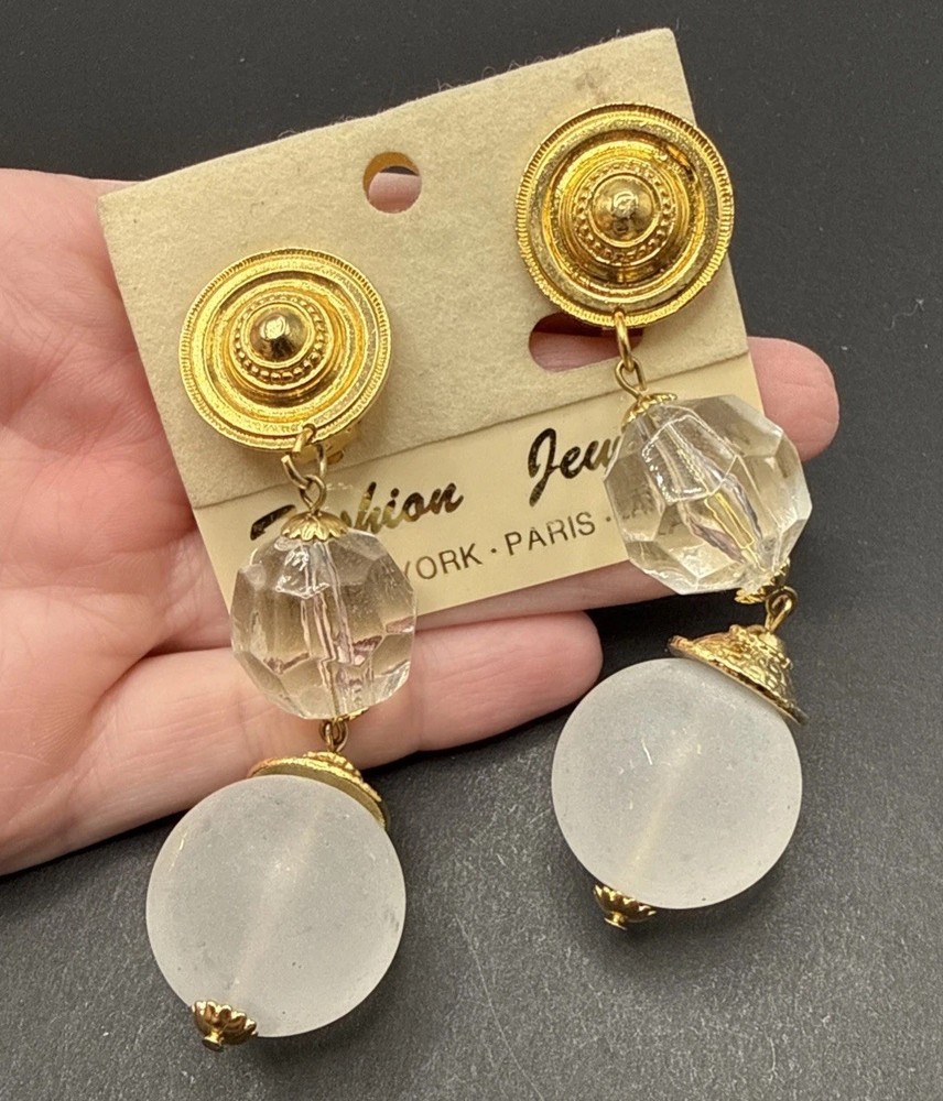 Huge Vintage Bead Dangle Clip On Earrings Gold Tone J6