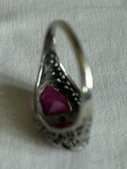Antique Art Deco 14K ADR White Gold Synthetic Ruby Filigree Marquise Ring Sz 6.5