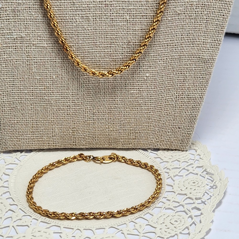 Vintage Sweet 14K Gold Overlay Rope Chain Necklace Bracelet Set 23” Signed
