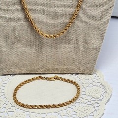 Vintage Sweet 14K Gold Overlay Rope Chain Necklace Bracelet Set 23” Signed