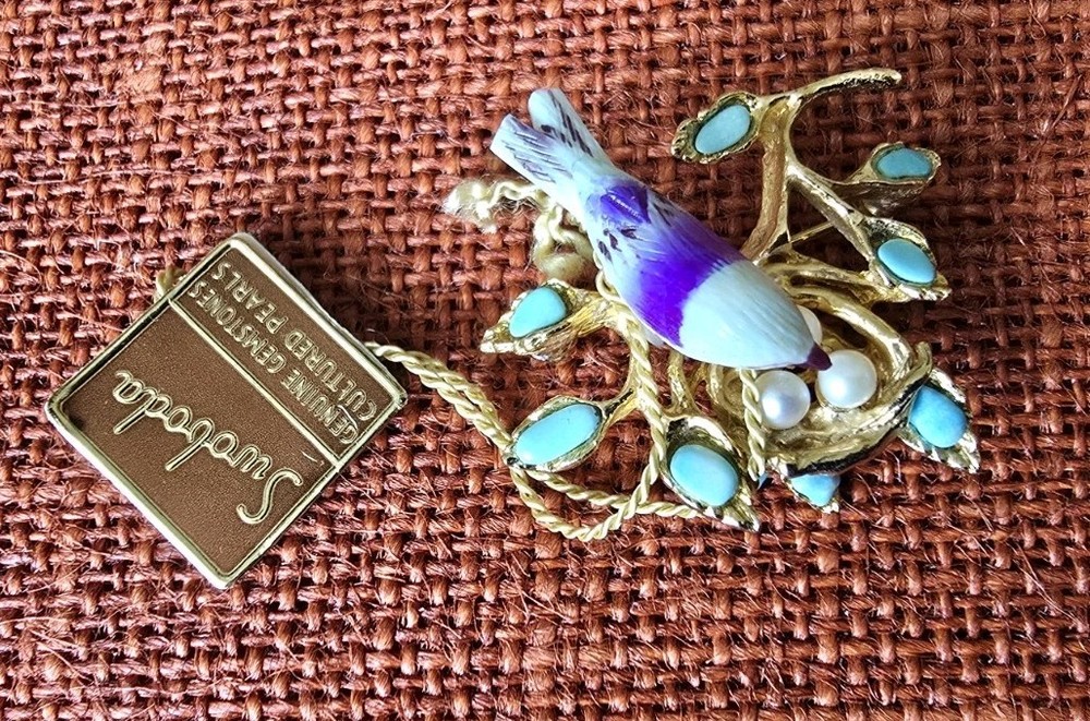 Vintage MINT Swoboda Bird On Nest Brooch W/Eggs Turquoise and Pearls Pin NOS Tag