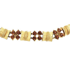 Vtg Gold Tone Link Necklace Amber Color Rhinestones Mid Century Choker 14″