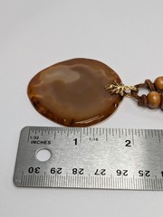Vintage Carnelian Agate Slab Pendant Necklace Wood Bead Leather Cord 22″ Boho