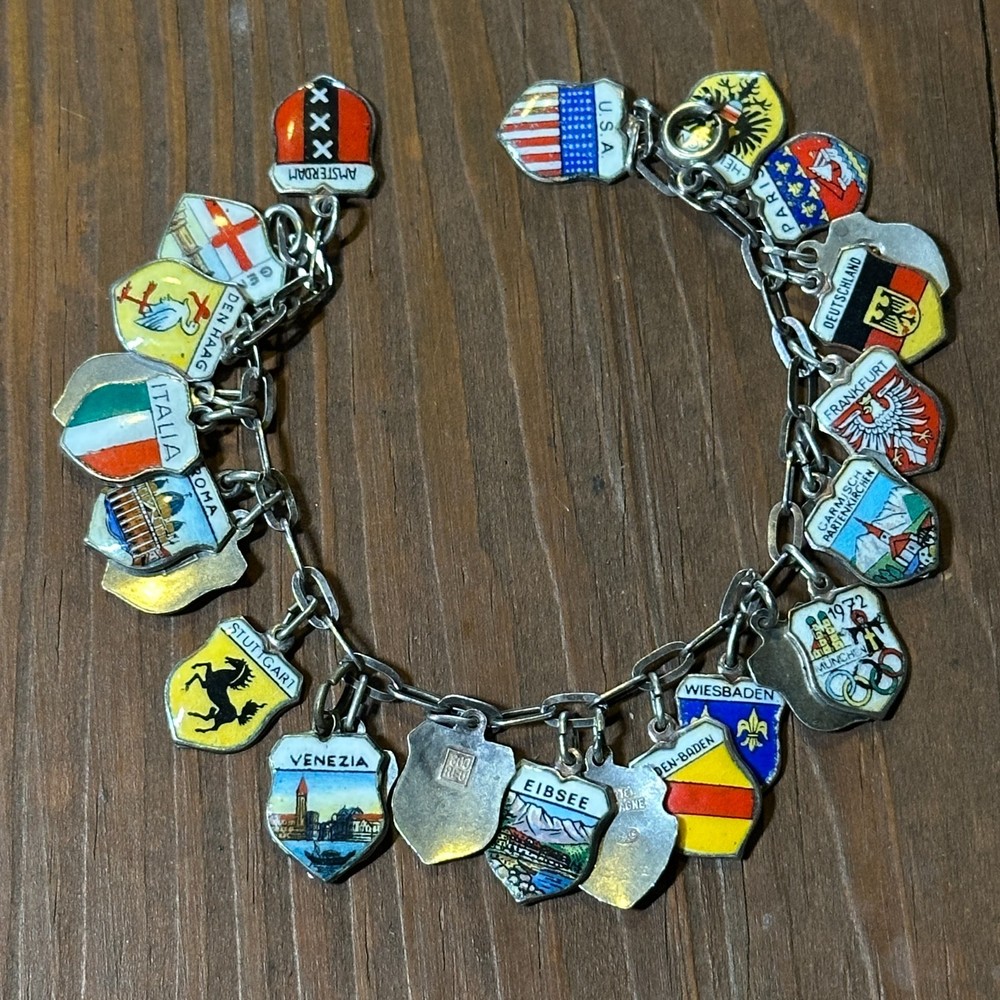 Vintage REU 800 Silver European Travel Charm Bracelet Paris Venice Munich 1972