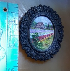 Vintage Brooch Mini Painting Lompoc Flower Field Farm Wine CA. Signd Frame Italy