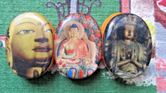 Vintage orange Acrylic bracelet with Budha images from around the world