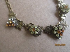 Vintage Unsigned Rhinestone Grape Cluster & Leaves Necklace