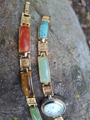 Vtg Multi Stone Inlay Panel Watch (works) Bracelet Set Chinese Symbol Good Luck