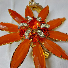 Vintage Selro Selini? Lucite & Rhinestone Gold Tone Floral Set Brooch & Earrings