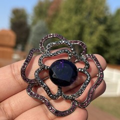 Vintage Violet & Dark Grey Rose Shaped Rhinestone Brooch Pin Purple Silver Tone