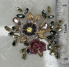 VTG Napier Flower Brooch Gold Tone Enamel Green Pink Purple Rhinestones
