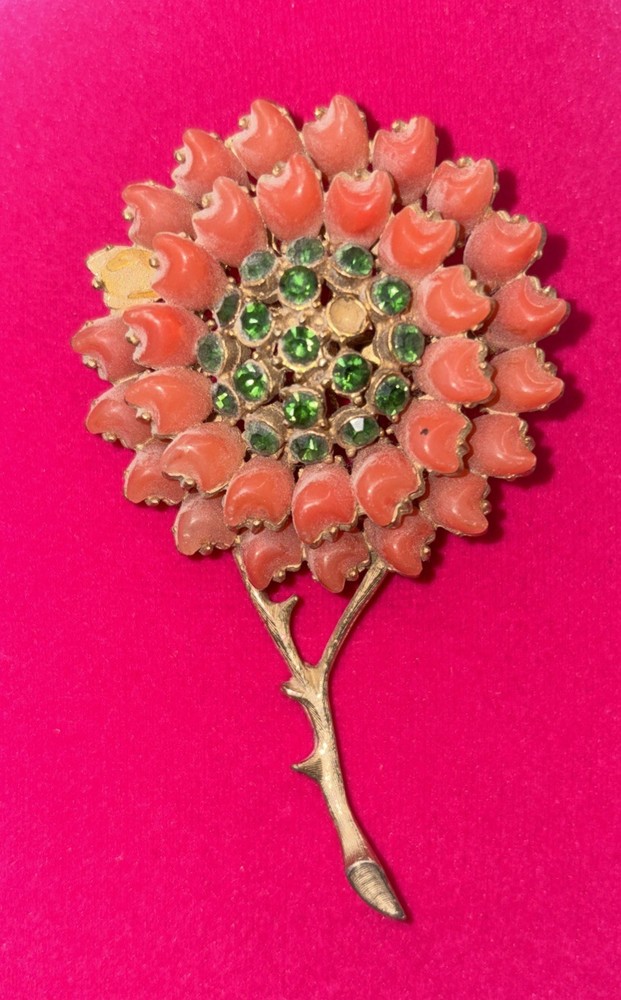 Florenza Brooch Pin Missing One Coral and One Green Rhinestone Vintage Jewelry