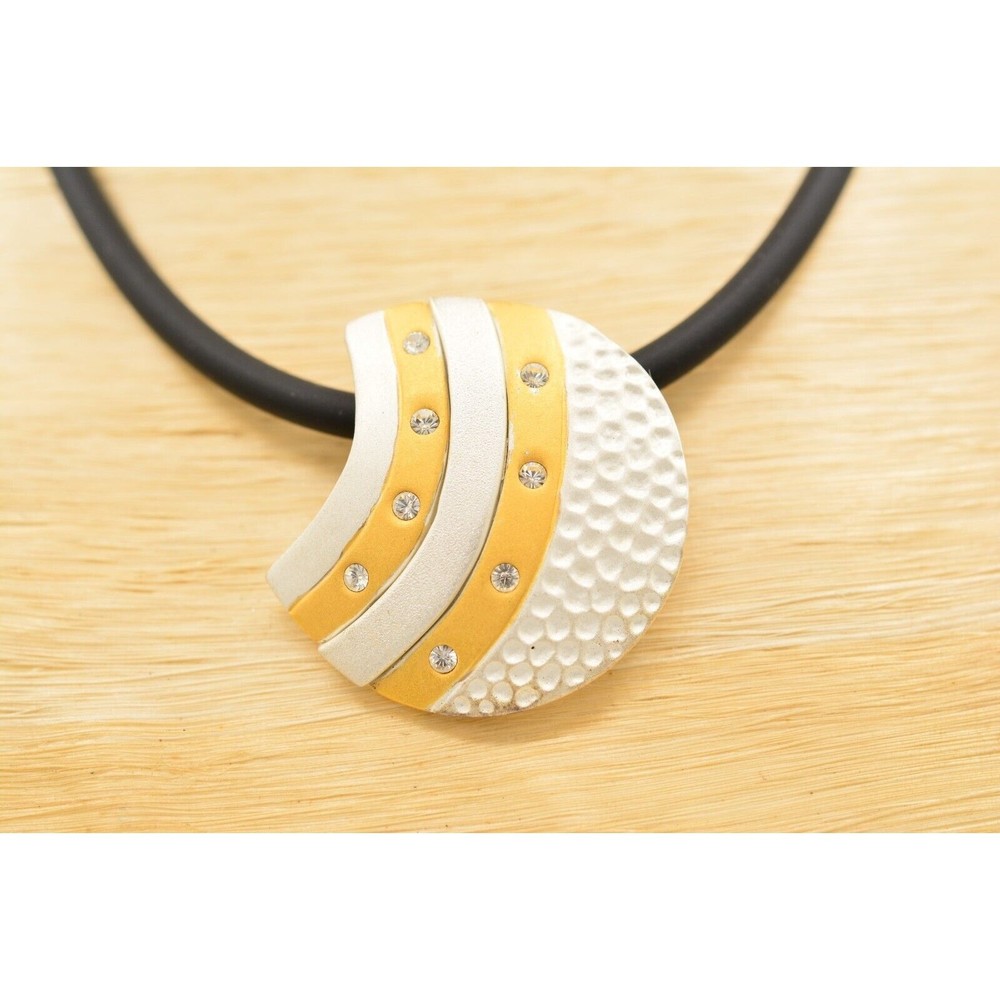 Vintage Collar Necklace Choker Brushed Silver Gold Black Cord Signed 1990s Bin1D