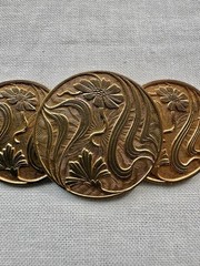 Vintage Art Nouveau Brass Brooch Floral Medallions Trombone Clasp 1910s 16g