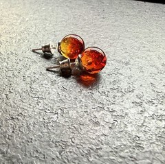 Unique Silver red Natural dyed Amber stud Earrings 2g