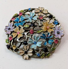 Vintage Enamel Flower Garden Brooch Multicolor Rhinestone Openwork Gunmetal Pin