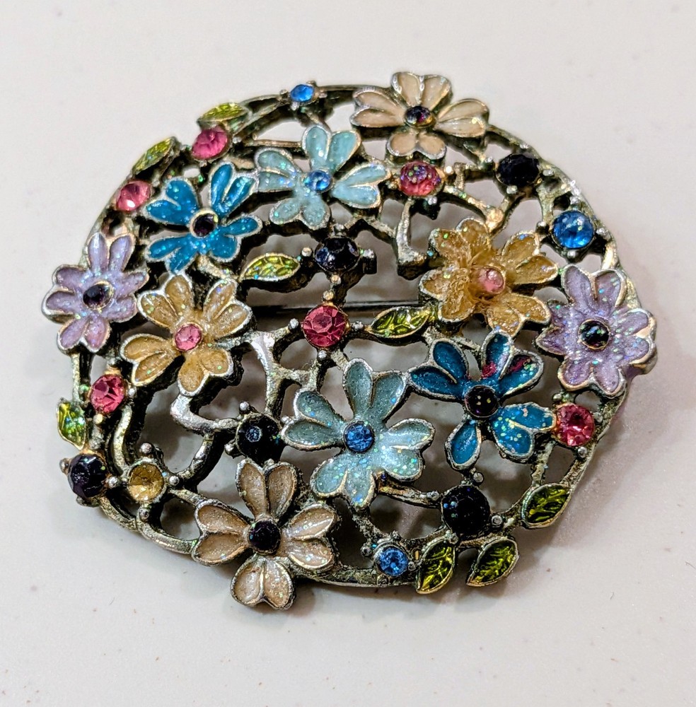 Vintage Enamel Flower Garden Brooch Multicolor Rhinestone Openwork Gunmetal Pin