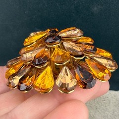 Vintage Rhinestone Brooch Orange Brown Gold Tone Layered Sparkle