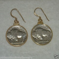 Coin Earrings Vintage Buffalo Nickels 1/20th 14K Gold Bezels French Hooks USA