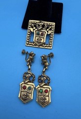 Vintage Barclay Heraldic Brooch & Earrings Set – Gold Tone Shield