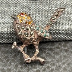 Vintage Sterling Silver 925 Bird Brooch Pin Marcasite Green Red Yellow Crystal