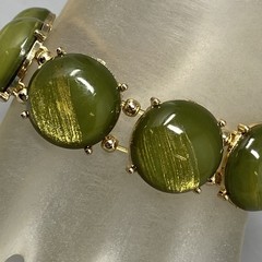 Olive Stretch Bracelet Acrylic Cabochons Gold Tone Sheen Metal Chunky Retro 7″