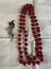 Stylized Red Hat Lady Pin And Red Beaded Necklace