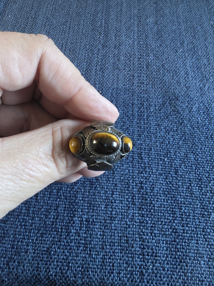 Vintage Taxco Mexico Poison Pill Tiger’s Eye Leaf Sterling Silver Ring