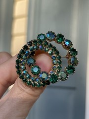 Vintage AB Green Blue Crystals Rhinestones Brooch 2 Circles Wreaths