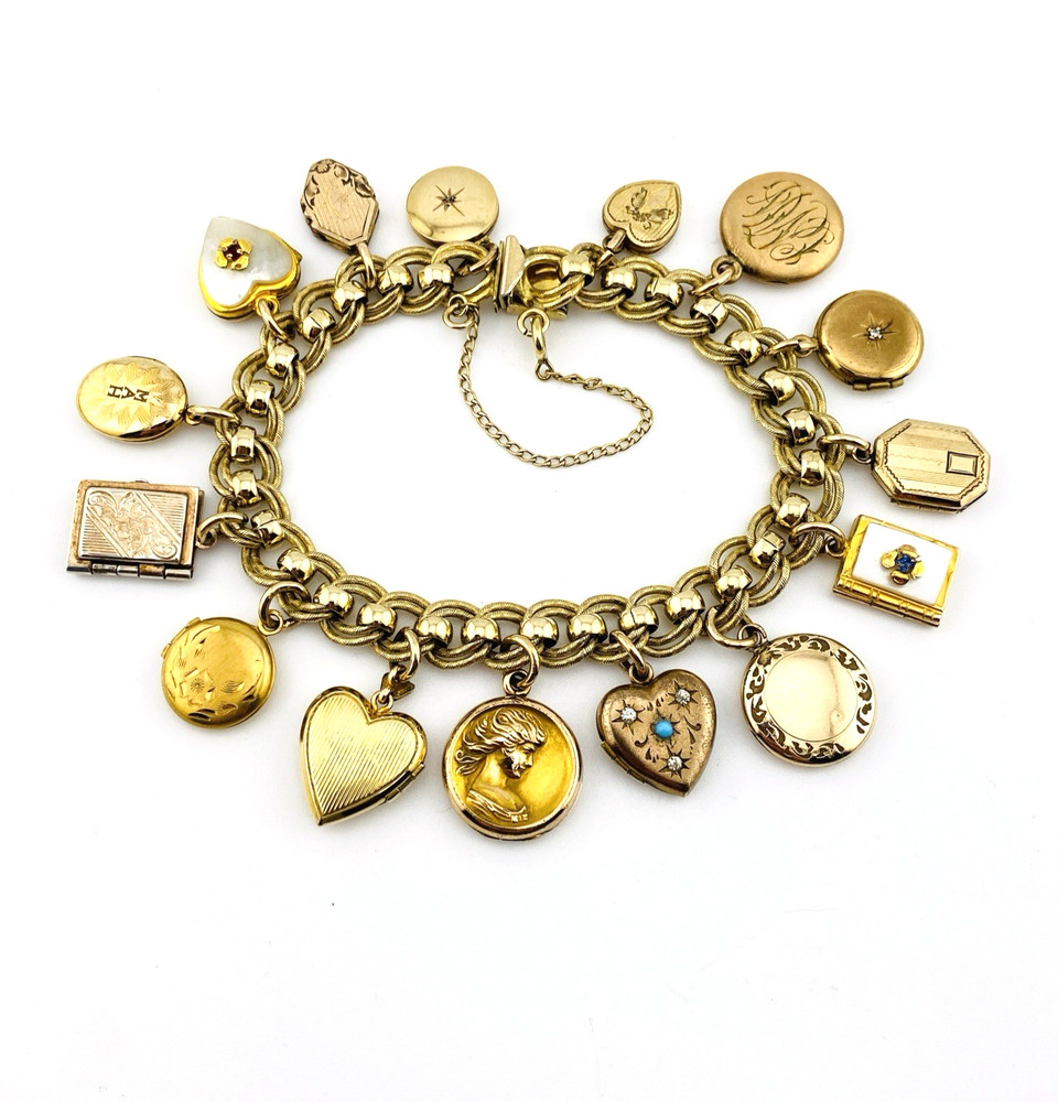 Vintage Gold Filled Locket Charm Bracelet 14 Lockets 1 Fob Hearts Book Enamel