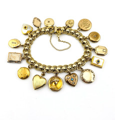 Vintage Gold Filled Locket Charm Bracelet 14 Lockets 1 Fob Hearts Book Enamel