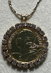 Vintage 1989 France Coin Necklace 24K GB Rhinestone Halo 29” Marianne Pendant