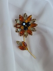 1960s Flower Brooch Green Orange Amber Navettes And Black Rhinestones Pin