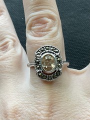 Vintage Silver Tone Cocktail Ring champagne-colored stone Size 9.75