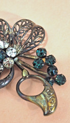 Art Deco Revival Brass Filigree Pin Open back Green Rhinestones Czech style