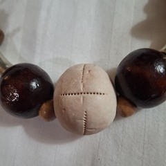 Vintage Chunky Mix Wood Necklace Clay Art Pendant Handmade Silver Tone Round