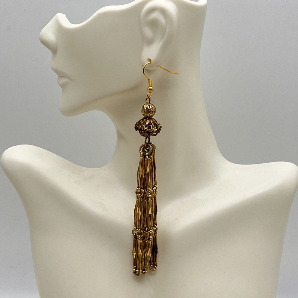 Vintage Tassel Earrings Gold Tone Filigree Beaded Top Shoulder Duster 4″ READ