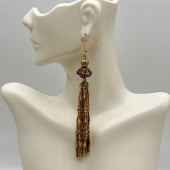 Vintage Tassel Earrings Gold Tone Filigree Beaded Top Shoulder Duster 4″ READ