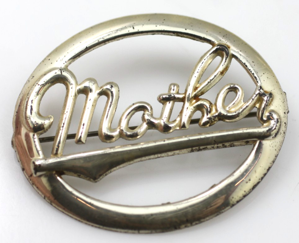 Vintage Antique silver tone Mother script oval filigree pin brooch c clasp
