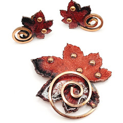 Vintage Matisse Leaf Brooch and Clip On Earrings Copper Enamel Vintage 1950s Set