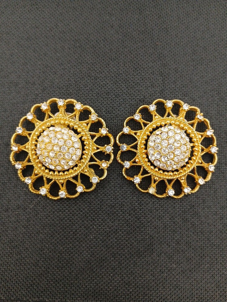 HUGE 1980 gold-tone pave clear crystals open metal work round clip-on earrings
