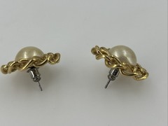 Vintage Faux Pearl Gold Tone Chain link Halo Pierced Earrings