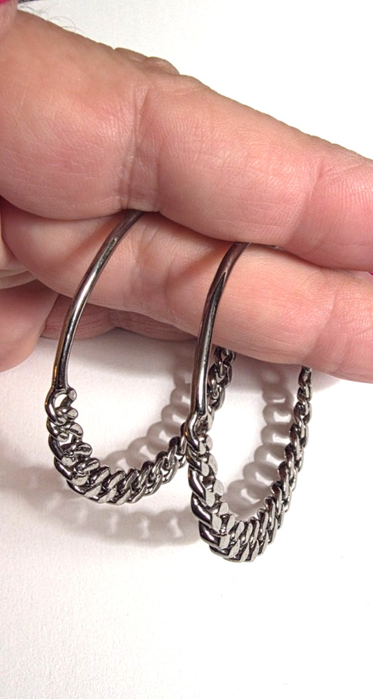 Dark Silver Tone Metal Chain Hoop Pierced Earrings Vintage