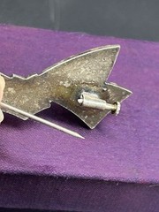 Art Deco Bow Silvertone Clear Rhinestones Enamel Antique Trombone Clasp Brooch