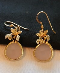 Vintage Earrings 14k Gold-Filled Rose Quartz & Crystal Floral Dangles Jewelry